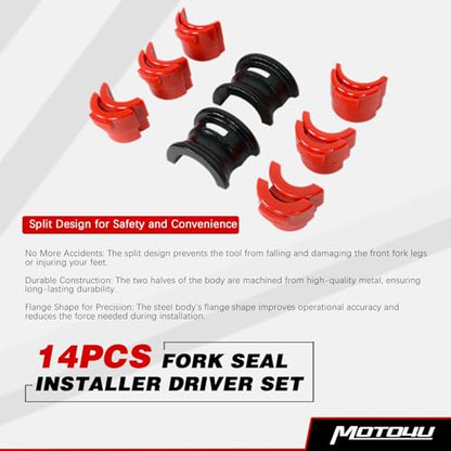 MOTO4U Motor Bike Fork Seal Driver Kit, Universal Motorcycle Fork Seal Driver Tool with 12 Plastic fork seal driver and 2 steel bodies,Fork Saver Dirt Bike (35-50mm,Red)