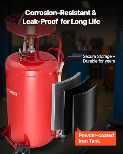 VEVOR 25 Gallon Waste Oil Drain Tank, Air Operated Portable Oil Drainer with Adjustable Funnel Height, Industrial Fluid Drain Tank with Wheels, Fluid Fuel Transfer Drainage for Auto Repair Shops, Red - size: 20.9 x 17.1 x 68.1 in