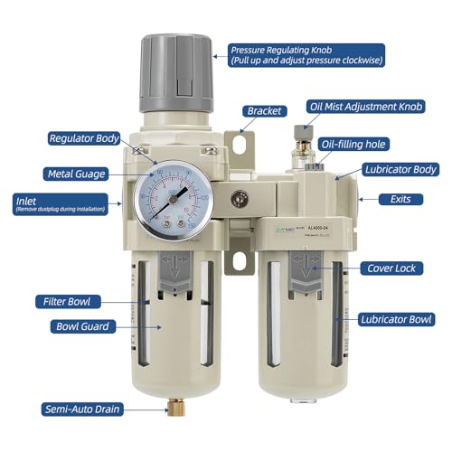 1/2" NPT Air Compressor Oil-Water Separator,Air Pressure Regulator,Compressed Air Filter Regulator Lubricator,Semi-Automatic Drain Polyethylene Bowl (0-150 PSI) Brass Components - size: 1/2NPT, style: Semi-Auto Drain
