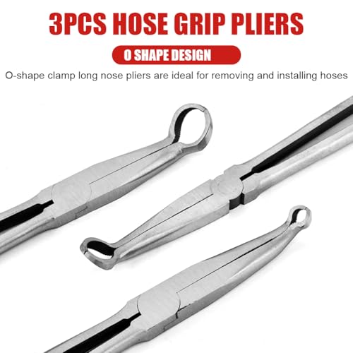 3PCS 11" Long Hose Grip Pliers, 5/16 Inch, 1/2 Inch, 3/4 Inch Ring Nose Hose Gripper Pliers Kit, O-shape Tip Serrated Jaws, Offset Spark Plug Boot Removal Pliers for Narrow Space