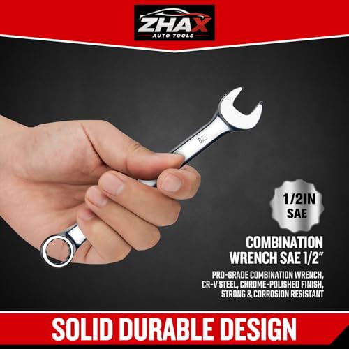 zhax 1/2" SAE Combination Wrench, 12 Point Box End, 15 Degree Offset Design, Mirror Polish Finish, Forged CR-V Steel, Hand Tools for Mechanics, Ideal for Auto and Home Repair - size: 1/2"