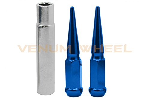 Venum wheel accessories 32pc Blue Spike Lug Nuts M14x1.5 4.5" Tall Solid Steel Special Design Locking Socket Key | Fits 2012-2017 Chevy 2500 3500 Aftermarket Wheels