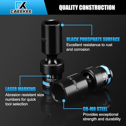 3/8" Drive Deep Universal Impact Socket Set, 14-Piece Swivel Socket Set, Cr-Mo, 6 Point, Metric(10-19mm), Flexible Wobble Socket Set, Includes Extension Bars and Adapters