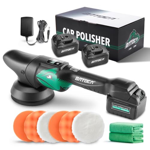BATOCA S2 Cordless Random Orbital Polisher Buffer, 2Pcs 4.0Ah Batteries, LCD Display with 6 Variable Speed 2000- 4500 RPM Wireless Car Polishing Kit for Car Detailing, Polishing, Waxing, Cleaning