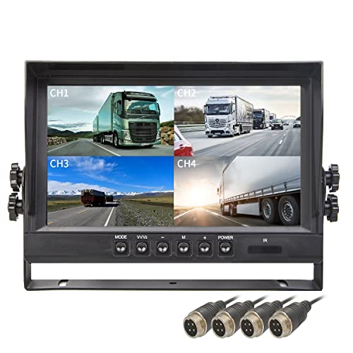 9" TFT LCD Car Rearview Quad Split Monitor,Remote Control, 4 Channels 4-PIN Connector Video Inputs Shockproof - 12V-24V 800480HD Screen w/Sunshade Anti-Glare
