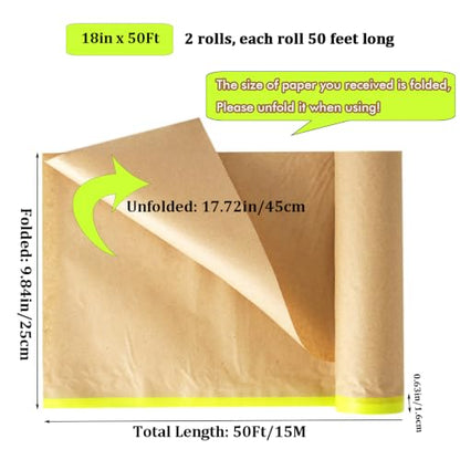 Amonk 18inx50Ft Kraft Pre-Taped Masking Paper for Wall & Car Painting, 2PCS