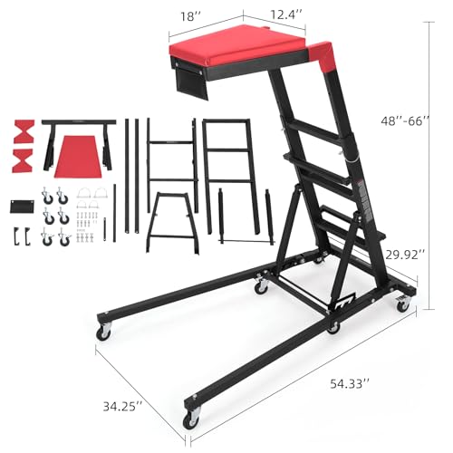TrailBlaze Topside Automotive Engine Creeper – 400 lbs Capacity – Adjustable Height 48"-66" – Collapsible Heavy Duty Over Engine with 6 Swivel Casters, Thick Cushion & Tool Pouch – Black Shelf + Red - color: Black