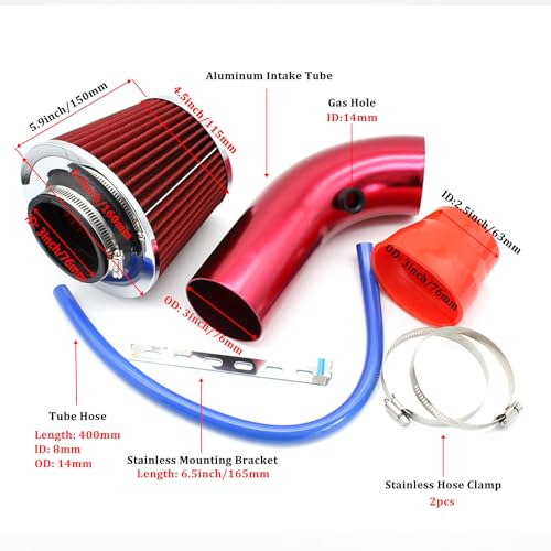 76mm Cold Air Intake Kit, Aluminum Red 3" - color: RED