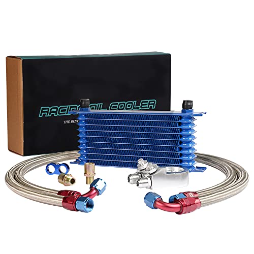 PIT66 Universal AN10 Engine Transmission Oil Cooler Compatible with Japanese Model Blue 10 Row Aluminum with Filter Relocation Kit C Set - color: Blue, size: 10 Row Japanese Model-C Set