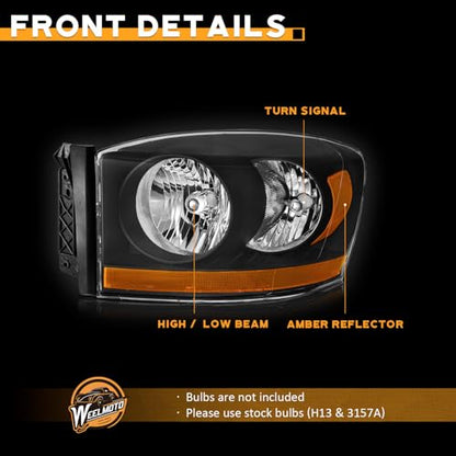 WEELMOTO Black Headlights with Amber Bottom for 2006-2008 Ram 1500-3500 - color: Clear Lens I Black housing I Amber Reflector
