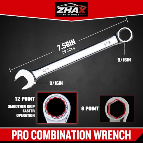 zhax 9/16" SAE Combination Wrench, 12 Point Box End, 15 Degree Offset Design, Mirror Polish Finish, Forged CR-V Steel, Hand Tools for Mechanics, Ideal for Auto and Home Repair - size: 9/16"