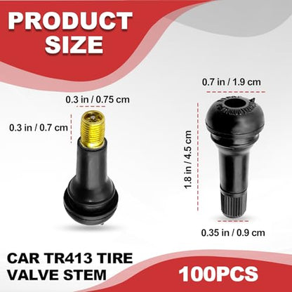 100PCS Car TR413 Tire Valve Stems, for 0.453 Inch Rim Holes, Black Standard Length Replacement Tool, Anti-Rust Snap-in Automotive Tyre Stem Replacement, Universal for RV, SUV, Truck