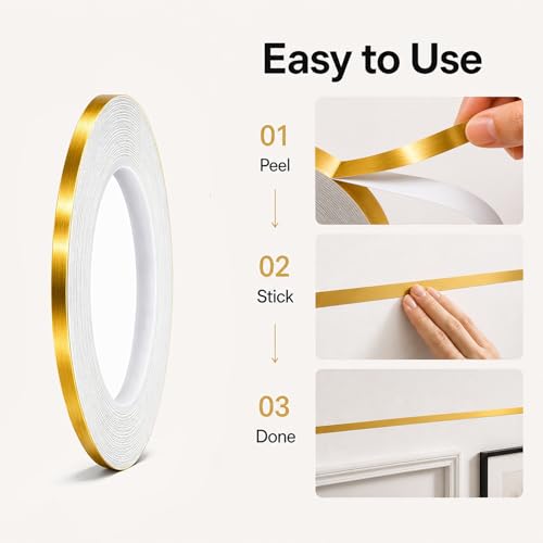 2 Rolls Gold Duct Tape, Metallic Mylar Film Tape, 5mm & 10 mm X 164 Ft. Vinyl Pinstripe Tape for Detailing Accent Wall, Wardrobe, Bathroom, Floor, Tile, Car, Graphic Arts - Stripe Stickers - size: 5mm & 10mm