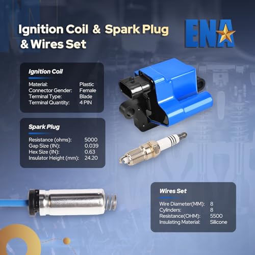 ENA UF271 Square Ignition Coils 41-962 Spark Plugs 748UU Spark Plug Wires Set Compatible with Chevy Silverado Avalanche Suburban Tahoe Express GMC Sierra Yukon Escalade 4.8L 5.3L 6.0L, Set of 8