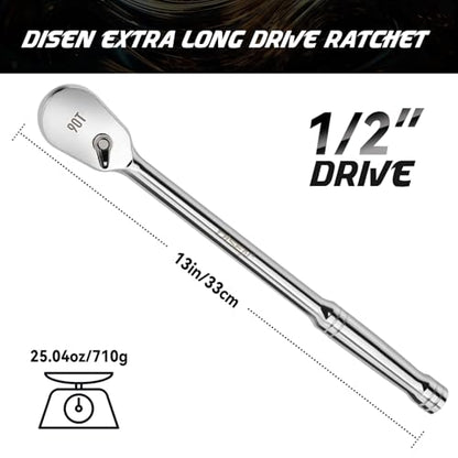 DISEN Extra Long Handle 1/2" Drive Ratchet Socket Wrench,90-Tooth Ratchet Wrench with 14" Handle and Dust Proof Teardrop Enclosed Head, Reversible, CR-V Steel Made, CR-MO Head, Gifts for Men - color: 90-t Long Drive Ratchet Set