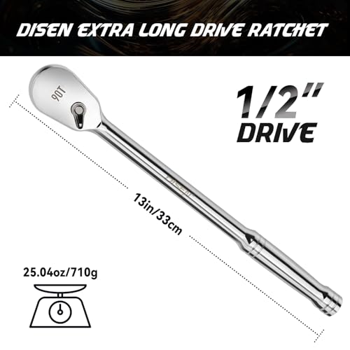 DISEN Extra Long Handle 1/2" Drive Ratchet Socket Wrench,90-Tooth Ratchet Wrench with 14" Handle and Dust Proof Teardrop Enclosed Head, Reversible, CR-V Steel Made, CR-MO Head, Gifts for Men - color: 90-t Long Drive Ratchet Set