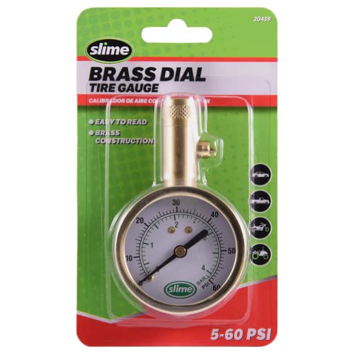 Slime 20459 Tire Pressure Gauge, Dial, Analogue, Brass Tire Gauge (5-60 psi) - size: Standard, style: Analogue