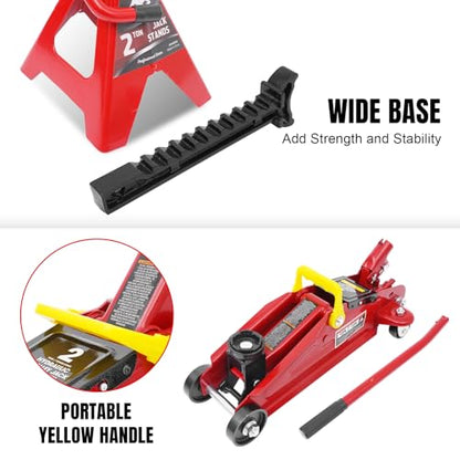 Jack Boss 2T Hydraulic Floor Jack Combo with Two Jack Stands, 4000 lbs Capacity Trolley Service Jack Combo Red - color: Red, size: 2 Ton