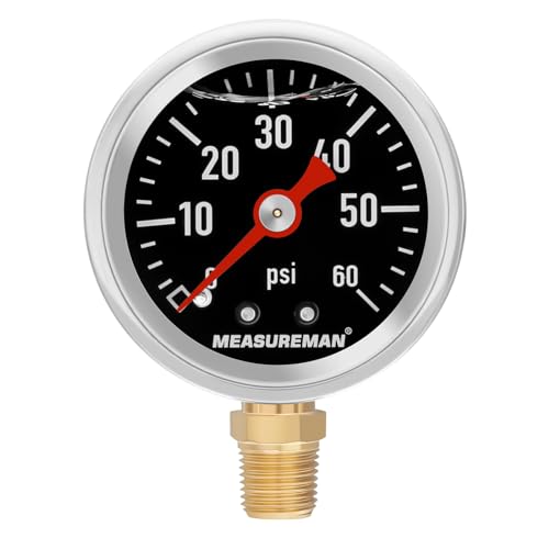 MEASUREMAN 1-1/2" Dial Size Black Dial, Glycerin Filled Fuel Pressure Gauge, 304 Stainless Steel case, 0-60Psi, -3-2-3%, 1/8" NPT Lower Mount - size: 0-60 psi, style: Lower Mount (Black Dial)