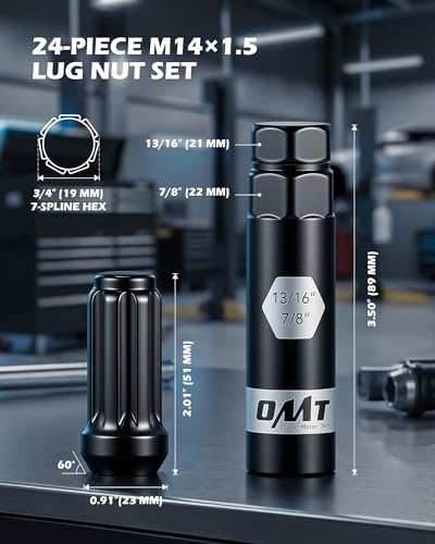 OMT M14x1.5 Lug Nuts with Cone Seat, 24pcs Lug Nuts Set with 1 Socket Key - color: Black, size: M14x1.5, style: 24Pcs Spline Tuner