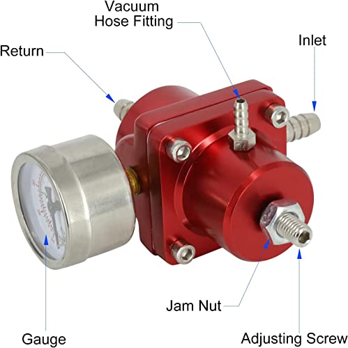 BARTOO Adjustable Fuel Pressure Regulator Kit with 0-140 PSI Gauge, Red - color: Red