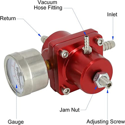 BARTOO Adjustable Fuel Pressure Regulator Kit with 0-140 PSI Gauge, Red - color: Red