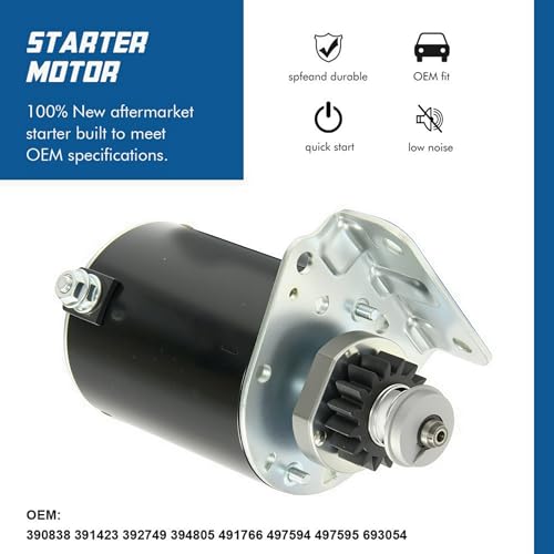 Starter Motor Replaces 1972-2002 7HP-18HP Engines with OE Part # 390838 391423 392749 394805 491766 497594 497595 693054 B&S Starter Replacement with 16 Teeth