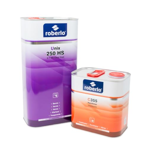 Roberlo Unix 250 HS Clear Coat 5L + C355 Hardener 2.5L - Acrylic Polyurethane, High Gloss Finish - Professional Grade Automotive Refinishing Kit - Trusted Quality, Exceptional Performance and Results.