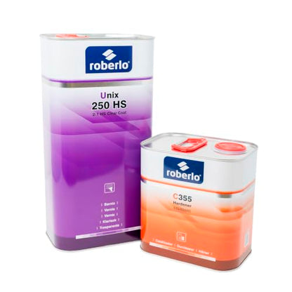 Roberlo Unix 250 HS Clear Coat 5L + C355 Hardener 2.5L - Acrylic Polyurethane, High Gloss Finish - Professional Grade Automotive Refinishing Kit - Trusted Quality, Exceptional Performance and Results.