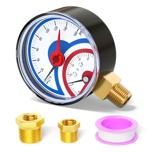 MEANLIN MEASURE 0-160Psi Thermal Pressure Gauge,0-250℉ 1/4" NPT 2.5" FACE DIAL, Boiler Temperature Pressure Gauge with Reset Pointer, with 1/2" NPT and 3/8" NPT Hex Bushing, Lower Mount - size: Lower Mount, style: Dry