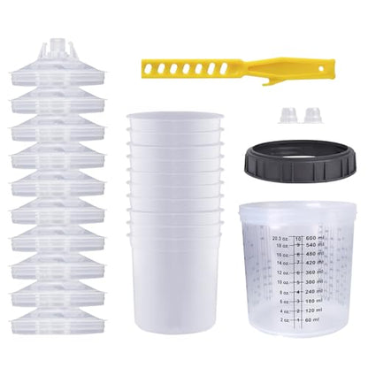 Disposable Paint Sprayer Mixing Cup for Automotive Paint Gun, HVLP Paint Spray Paint Gun 20 Ounce (600ml) Kit with 10 Cups and Lids System, 1 Hard Cup with Retainer Ring and 2 Plugs - size: 20 Ounce Kit
