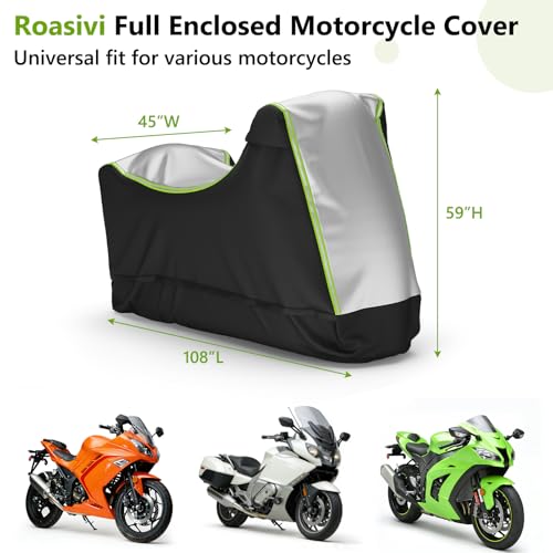 Full Enclosed Motorcycle Cover 108" L x 45" W x 59" H for Outdoor & Indoor Storage Fully Taped Seams Waterproof Dustproof Anti-UV Suitable for Cruiser/Touring/Dirtbike Motorcycles