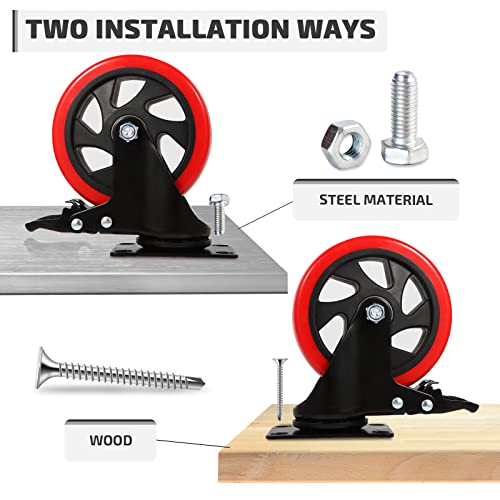 Nefish Swivel Caster Wheel for Cart, 5 Inch Industrial Casters Set of 4 - Heavy Duty Top Plate Casters with Brake 2200 Lbs, 360 Degree Polyurethane Wheels for Cart, Trolleys, Furniture, Equipment - size: 5 IN