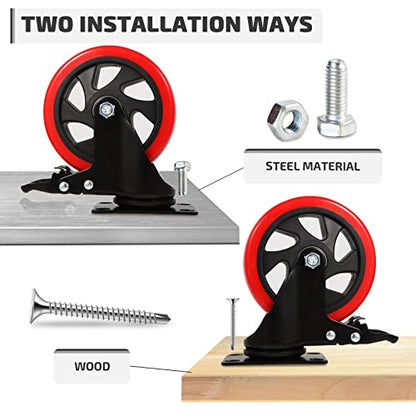 Nefish Swivel Caster Wheel for Cart, 5 Inch Industrial Casters Set of 4 - Heavy Duty Top Plate Casters with Brake 2200 Lbs, 360 Degree Polyurethane Wheels for Cart, Trolleys, Furniture, Equipment - size: 5 IN