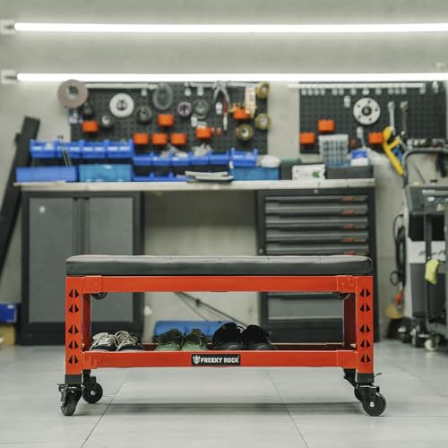 3-in-1 Rolling Garage Bench Seat with Creeper Pad,Storage (Red)