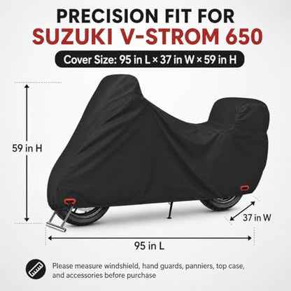 300D Motorcycle Cover Compatible with Suzuki V-Strom 650, Heavy Duty Waterproof Outdoor Adventure Bike Cover, Precision Fit for Mid-Size ADV Touring Motorcycle, Rain Sun Dust Wind Protection - size: FIT to Suzuki V-Strom 650