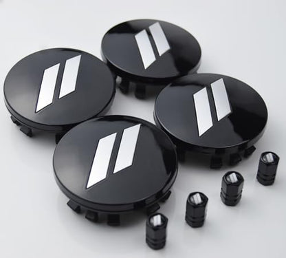 (Set of 4) 63mm=2.5 inches // Slash Wheel Center Caps Covers HubCaps + Tire Valve Stem Caps Trim for Dodge Charger Challenger Durango Hornet Dart R/T SRT Magnum Nitro Journey Caliber Avenger - color: silver // on black Center caps + tire valve caps