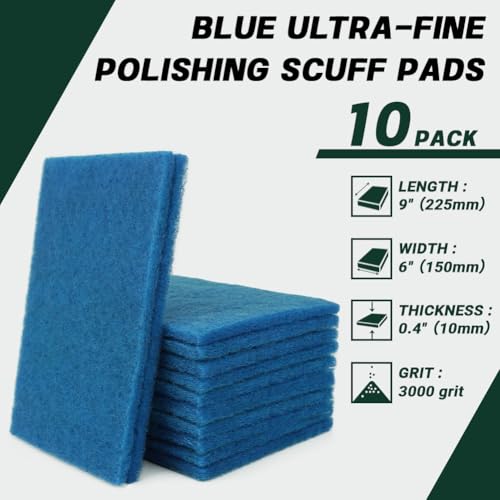 6" x 9" Blue Ultra-Fine Polishing Scuff Pads, 10 Pack – Non-Woven Hand Pads for Final Polish Prep, Haze Removal, Scouring & Mirror Finishes – Reusable Aluminum Oxide Abrasive Pads - color: Blue