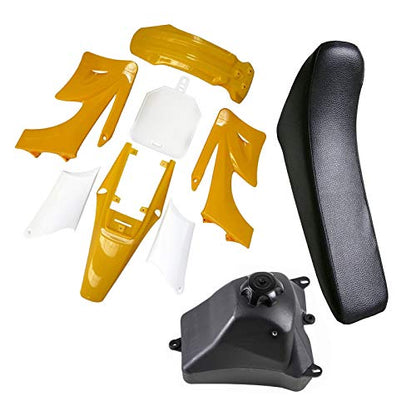 TDPRO Plastic Fairing Kit Fender Parts and Black Seat & 3L Gas Petrol Fuel Tank for Apollo Orion 110cc 125cc 150cc Pit Dirt Bike (4Yellow+3White) - color: 4Yellow+3White