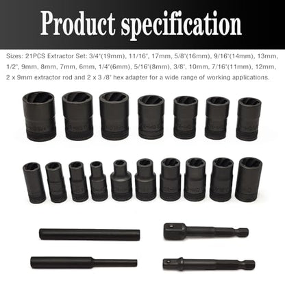 21PCS Twist Lug Nut Socket Set, 3/8" Drive Bolt Nut Extractor Tool - color: 21pcs Lug Nut Extractor 3/8 Inch Drive