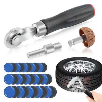 33Pcs Tire Repair Patch Tools Tire Patch Kit, Tires Patchs Roller Kit, Tires Repair Tool for Car Grinding, Repairs Buffing Wheel/Inner Liner Scraper/30PCS Tire Patches(32/45/ 55mm)