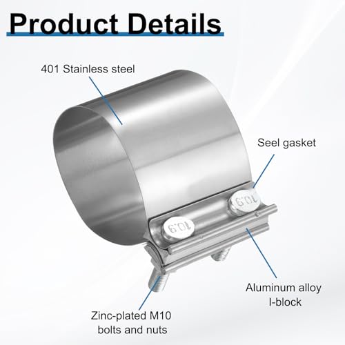 HARFINGTON Exhaust Clamp 3.46" Stainless Steel Lap Joint Band Clamp Exhaust Pipes Connection with M10x55.5 Screws for Car Muffler Elbow Pipes - size: 3.46 inch
