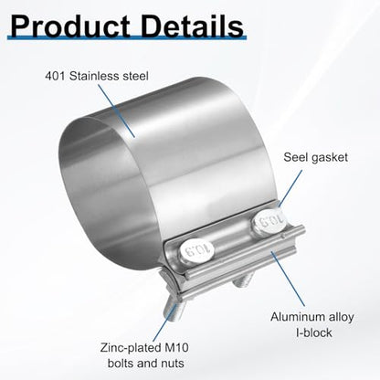 HARFINGTON Exhaust Clamp 3.46" Stainless Steel Lap Joint Band Clamp Exhaust Pipes Connection with M10x55.5 Screws for Car Muffler Elbow Pipes - size: 3.46 inch