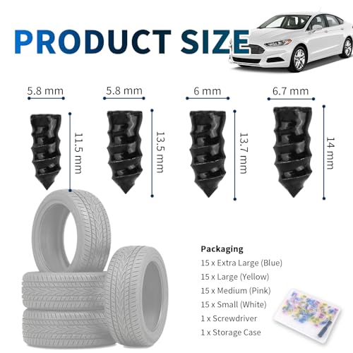 60PCS 4-Size Tire Plug Kit with Screwdriver for Quick Fix Screw-in - color: 4 Size/60pcs