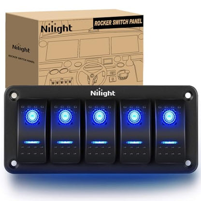 Nilight - 90110E 5 Gang Aluminum Rocker Switch Panel Toggle Dash 5 Pin ON/Off Pre-Wired Rocker Switch Blue Backlit Switch for Automotive Car Marine Boat RV,2 Years Warranty - color: Blue, size: 5 Gang