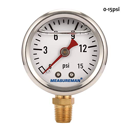 MEASUREMAN 1-1/2" Dial Size, Glycerin Filled Fuel Pressure Gauge, 304 Stainless Steel case, 0-15Psi, +/-3-2-3%, 1/8" NPT Lower Mount - size: 0-15 psi, style: Lower Mount