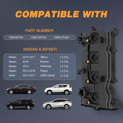 Nilight Engine Valve Cover with Gasket for Nissan, Replace# 132643KY0A - size: for Nissan Altima 2014-2017, Rogue 2014-2016