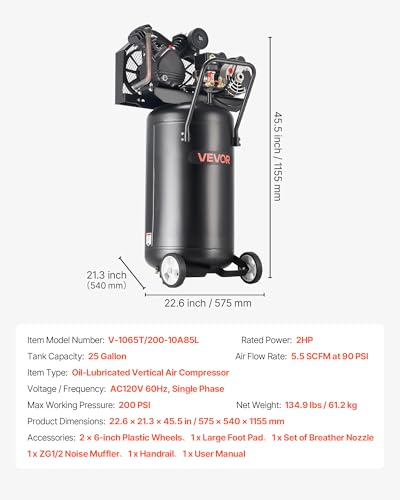 VEVOR 25-Gallon Air Compressor, 2HP 5.5 SCFM at 90PSI, Max 200PSI Pressure Oil-Lubricated Air Compressor Tank, Portable on Wheels for Auto Repair, Tire Inflation, Spray Painting, Woodwork Nailing 120V - size: 25 Gallon 200 PSI