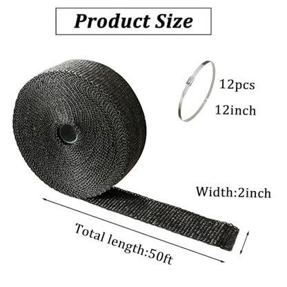 Exhaust Heat Wrap 2in x 50ft with 12 Stainless Locking Ties Black - size: 2'' x 50'