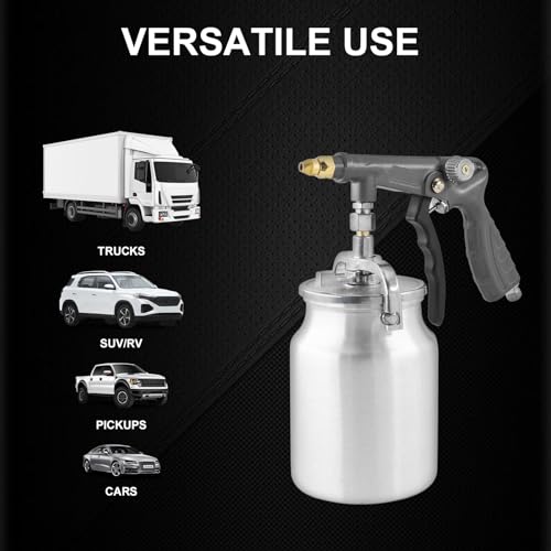 Air Undercoating Spray Gun with Suction Feed Cup & Gauge, 2 Extension Wands 360°Straight Spray Hoses, Fluid Film Spray Gun for Truck Bed Liner Spray Coating, Rubberized Undercoat
